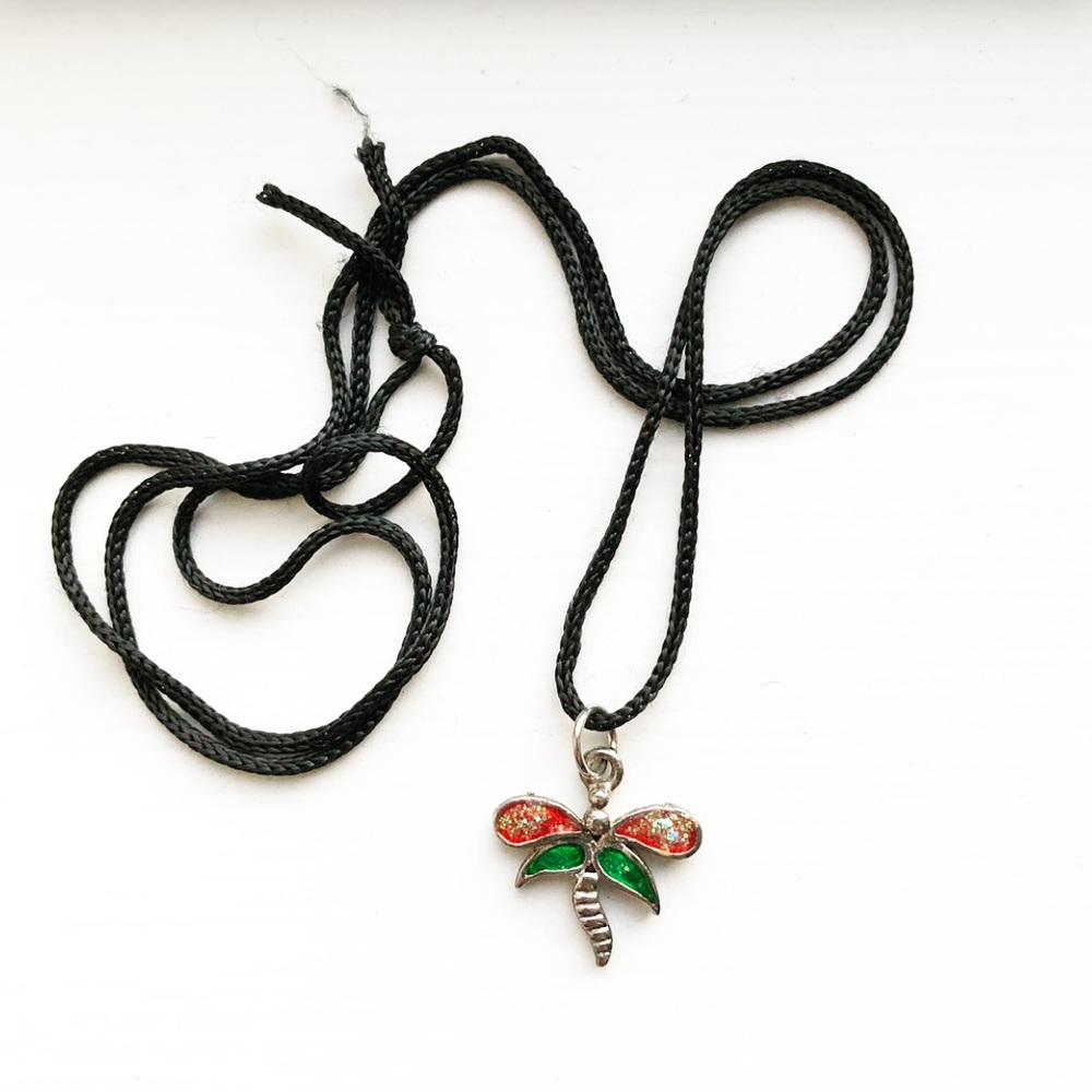 Vintage Black String Pullover Dragonfly Necklace - image 1